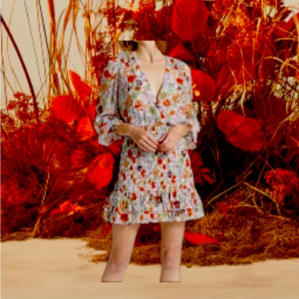 Veronica Beard Saera smocked multi floral print chiffon mini ruffle dress 10